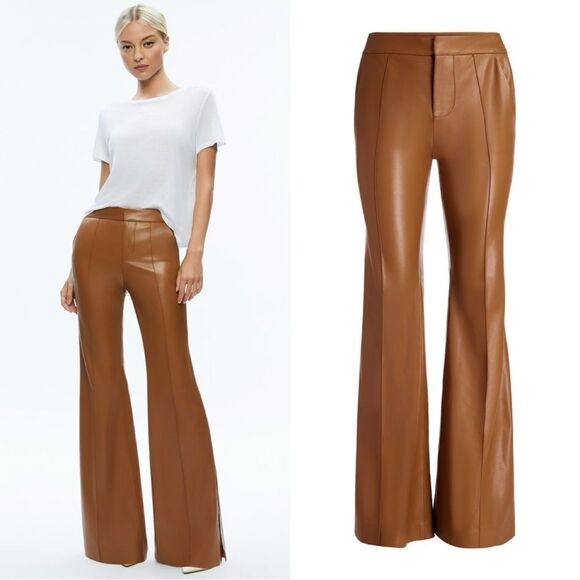 Alice + Olivia DANETTE VEGAN LEATHER SPLIT HEM TROUSERS in Camel - Picture 1 of 15